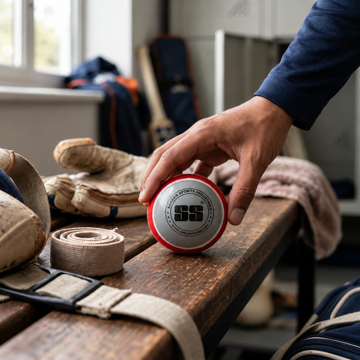 SS swing cricket ball picked up from a changing-room bench