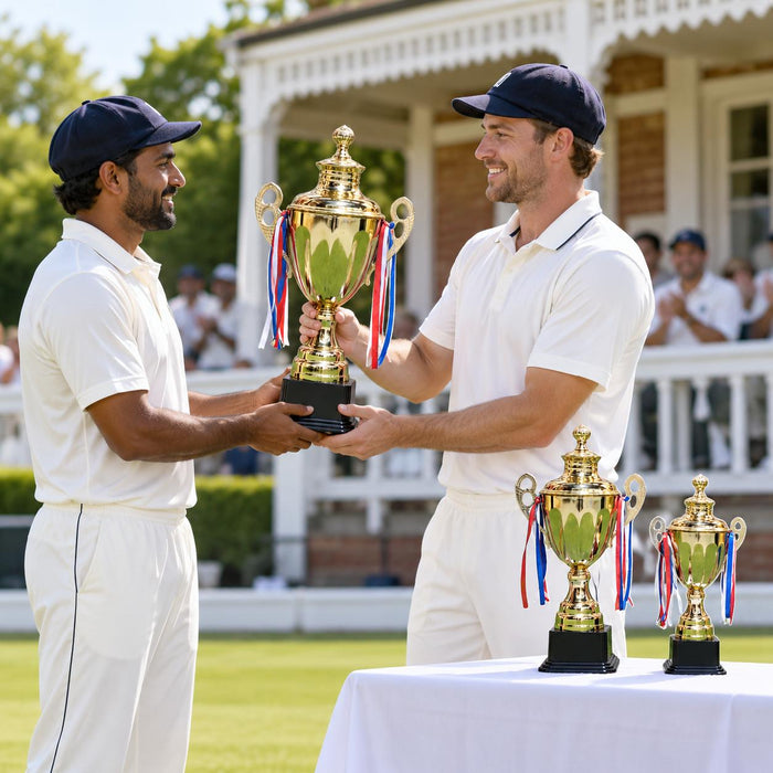 Cricket presentation with the Cricket Arabia large trophy and two smaller trophies