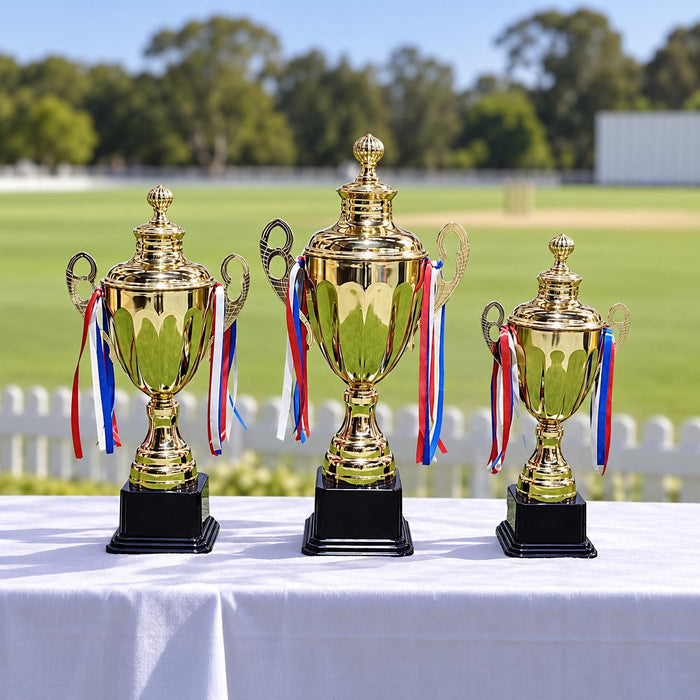 Cricket Arabia three-piece gold-colour trophy set on a cricket awards table