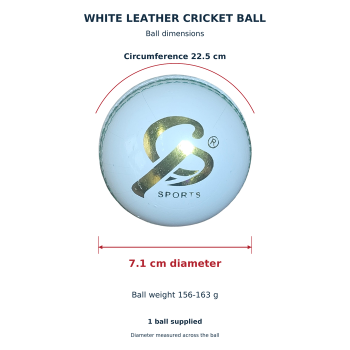 White leather cricket ball dimensions: diameter 7.1 cm, circumference 22.5 cm, weight 156-163 g