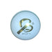 White leather cricket ball with gold logo and green stitching