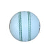 White leather cricket ball close-up of raised seam and green stitching