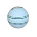 White leather cricket ball side view showing green stitched seam