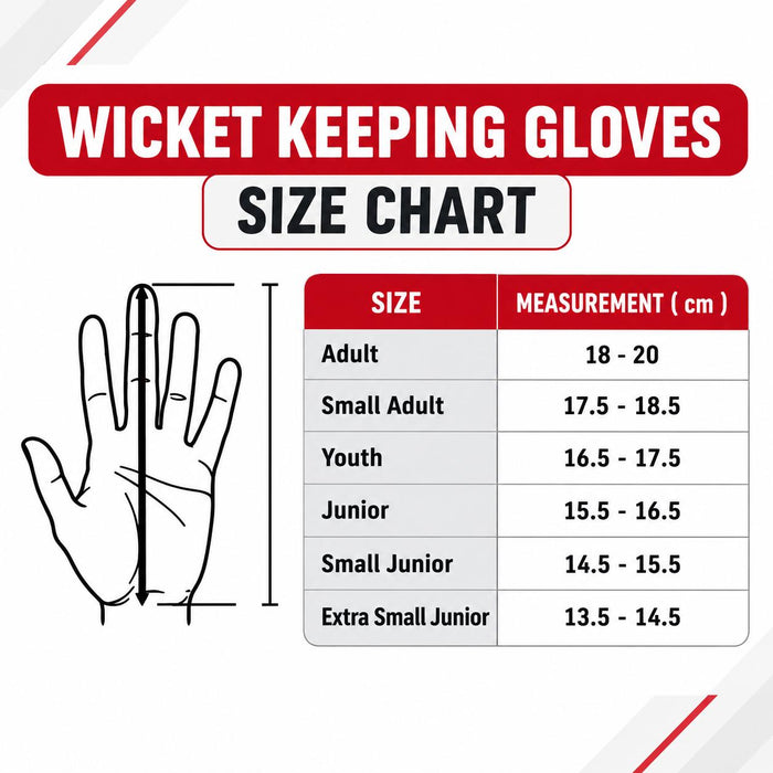 Wicket Keeping Gloves Size Chart - hand length from wrist to middle fingertip (cm)