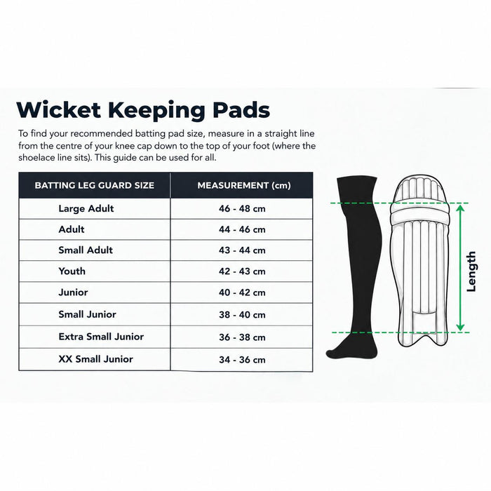 Wicket Keeping Pads size guide with knee-to-top-of-foot measurements from XX Small Junior to Large Adult