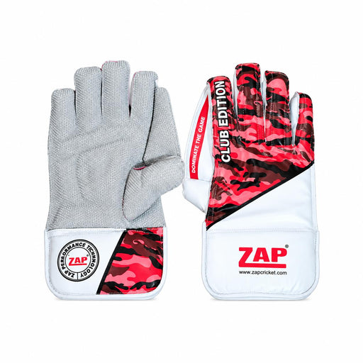 ZAP Club wicket keeping gloves pair showing red and black camouflage backs, grey palm grip and white cuffs