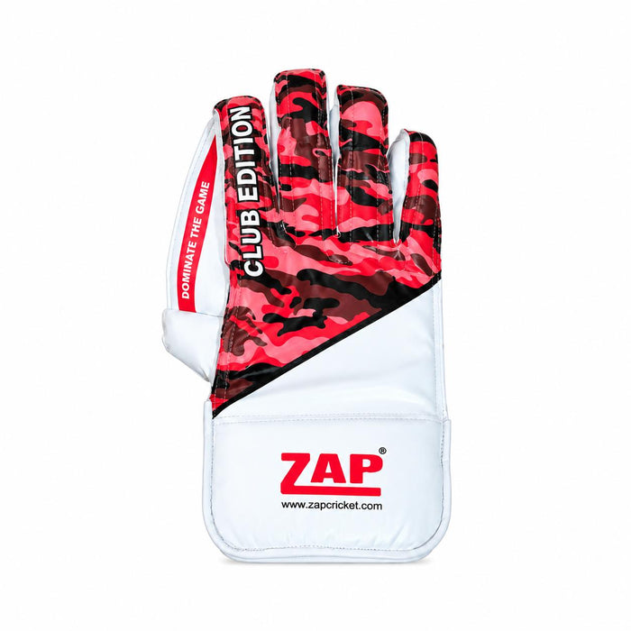 ZAP Club wicket keeping glove red and black camouflage back with Club Edition lettering and ZAP cuff logo