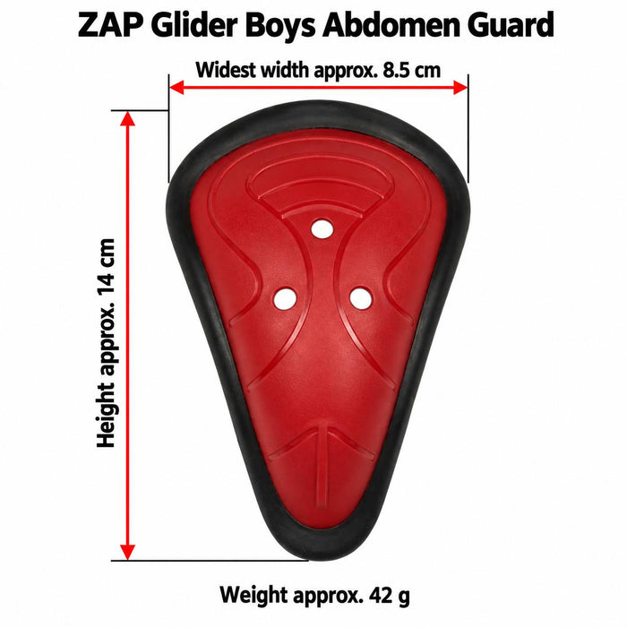 ZAP Glider Boys abdomen guard with red arrows showing height approx. 14 cm and widest width approx. 8.5 cm, with weight approx. 42 g