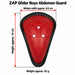 ZAP Glider Boys abdomen guard with red arrows showing height approx. 14 cm and widest width approx. 8.5 cm, with weight approx. 42 g