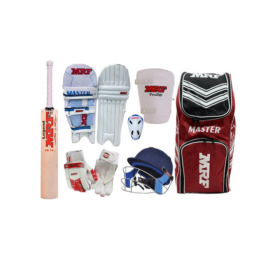 MRF Junior English Willow Legend VK 18 Master Red Cricket Kit Complete Set with Bat, Kit Bag, Gloves, Guards & Accessories