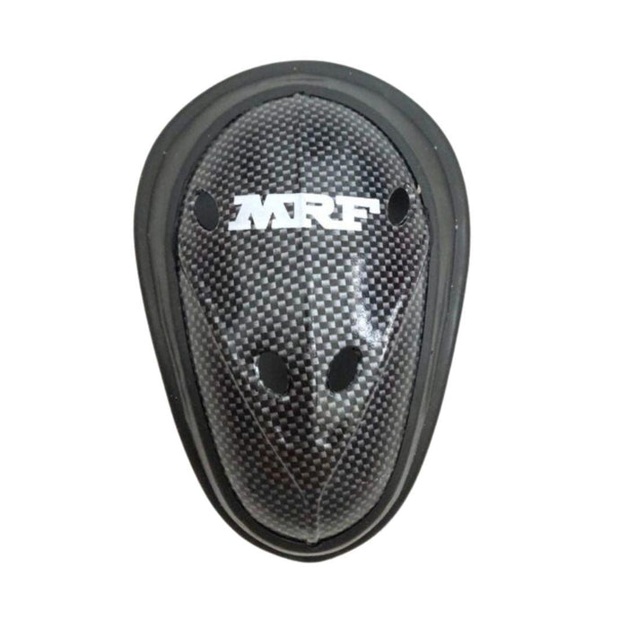 Front of MRF Genius abdomen guard showing MRF logo, carbon-print finish and ventilation openings
