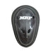 Front of MRF Genius abdomen guard showing MRF logo, carbon-print finish and ventilation openings